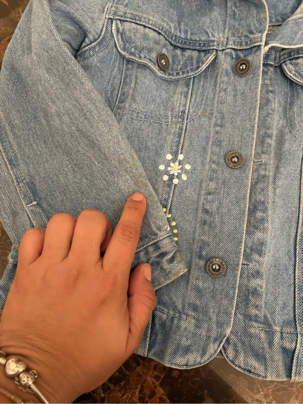 Blueberi Boulevard Light Blue Denim Jacket with Yellow Flower Accents
